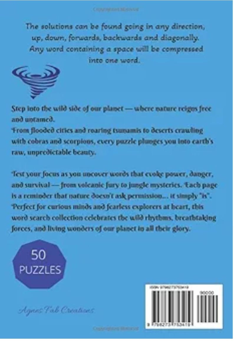 May include: A blue book cover with text about word puzzles. The cover features a swirling graphic and text that reads "50 Puzzles". The book is from Agnes Tab Creations.
