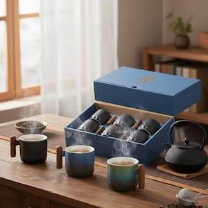 Peut inclure: Un service à thé avec une boîte bleue ornée d'un emblème doré, contenant des tasses noires avec des poignées en bois. Plusieurs tasses sont disposées sur une table en bois, certaines remplies de thé et fumantes. Une théière noire et un bol de feuilles de thé sont également présents.