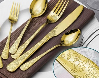 Vintage Gold Carved Floral Flatware Set – 20-Piece Elegant Dinnerware