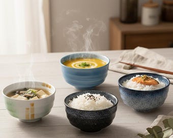 Japanese Retro Ceramic Bowls – Set of 2 , Soup & Salad Bowls, Small Porcelain Tableware for Home