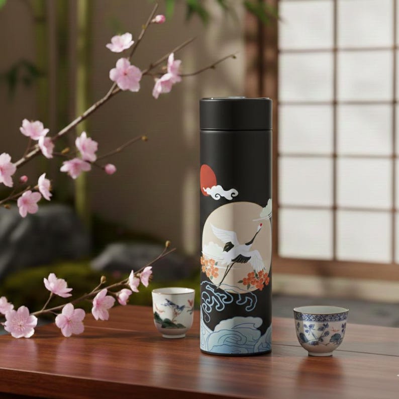 May include: Black insulated tumbler with a crane and floral design. The tumbler features a black lid and a decorative illustration of a crane, sun, and clouds. Two small teacups with blue and white patterns are also visible.