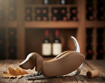 Apribottiglie per vino a forma di cane • Apribottiglie per vino a forma di bassotto con tagliacapsule e apriscatole per birra