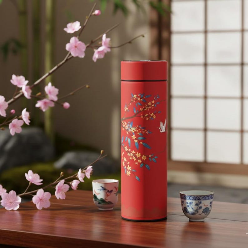 May include: A red insulated tumbler with a floral and bird design, accompanied by two small teacups. The tumbler features a detailed illustration of a flowering branch. The scene is set on a wooden table with cherry blossoms.