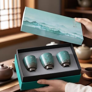 Könnte beinhalten: Ein Set aus drei türkisfarbenen Teetassen mit Craquelé-Glasur, präsentiert in einer Geschenkbox. Die Tassen haben einen dunkelbraunen Boden. Der Deckel der Box zeigt eine Landschaft. Das Set befindet sich in einer schwarzen und türkisfarbenen Box.