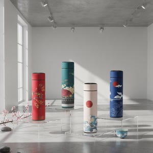 May include: Four insulated water bottles with Japanese-inspired designs are displayed on clear pedestals. The bottles feature vibrant colors and patterns, including cherry blossoms, a red sun, and ocean waves. A small teacup sits nearby.