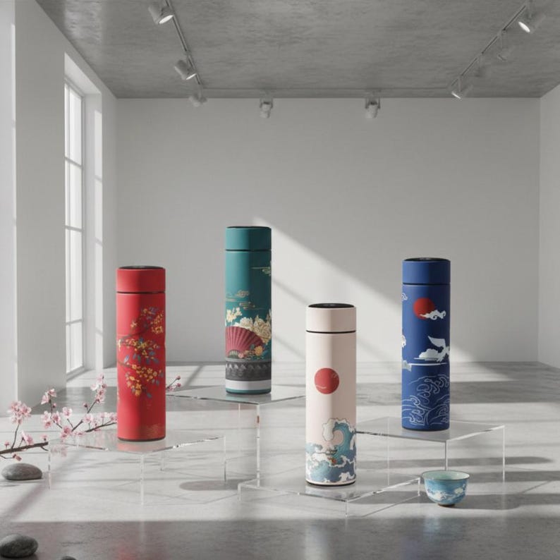 May include: Four insulated water bottles with Japanese-inspired designs are displayed on clear pedestals. The bottles feature vibrant colors and patterns, including cherry blossoms, a red sun, and ocean waves. A small teacup sits nearby.