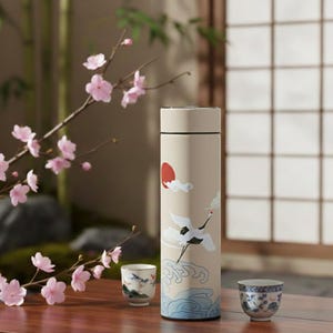 May include: A beige insulated water bottle with a Japanese-inspired design featuring a red sun, crane, and waves. Two small ceramic teacups with blue and white floral patterns sit nearby. Pink cherry blossoms are in the foreground.