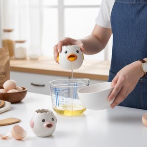 Puede incluir: Un separador de huevos de cerámica blanco y amarillo con forma de pollito, con una abertura en forma de pico. El separador vierte claras de huevo en una taza medidora. También se ve un segundo separador con forma de pollito y un cuenco blanco.