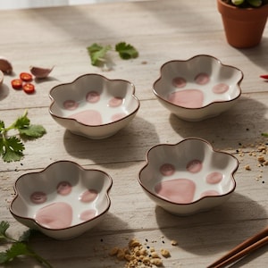 Puede incluir: Cuatro cuencos blancos de cerámica con forma de pata, con huellas rosas y bordes marrones, dispuestos sobre una superficie de madera. Hierbas, especias y una pequeña planta en maceta sugieren un tema culinario.