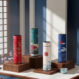 Op de afbeelding: Vier geïsoleerde waterflessen met Japanse geïnspireerde ontwerpen. De flessen zijn rood, teal, wit en blauw, elk met unieke kunstwerken. De rode fles heeft bloempatronen, de teal een waaier, de witte een rode cirkel en de blauwe een zon en golven.