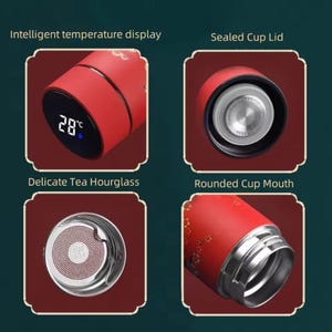 May include: A red insulated travel mug with a digital temperature display showing 28&deg;C. The mug features a sealed lid, a tea infuser, and a rounded mouth. The text on the image reads: "Intelligent temperature display", "Sealed Cup Lid", "Delicate Tea Hourglass", and "Rounded Cup Mouth".