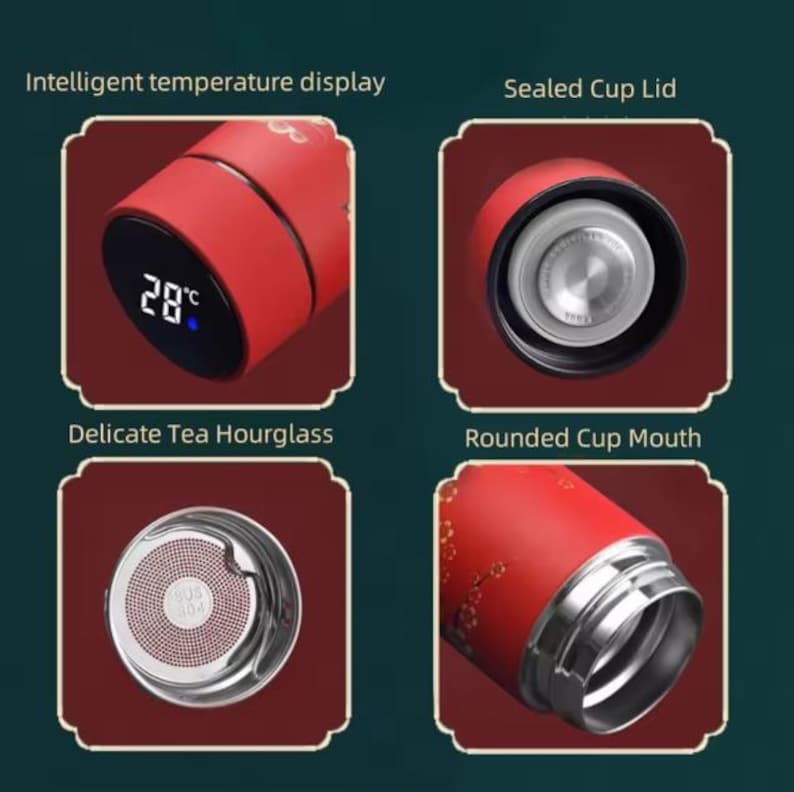 May include: A red insulated travel mug with a digital temperature display showing 28&deg;C. The mug features a sealed lid, a tea infuser, and a rounded mouth. The text on the image reads: "Intelligent temperature display", "Sealed Cup Lid", "Delicate Tea Hourglass", and "Rounded Cup Mouth".
