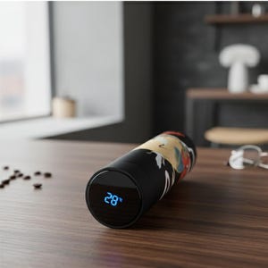May include: Black insulated water bottle with a digital temperature display showing 28 degrees. The bottle has a colorful design and is resting on a wooden surface. Coffee beans and eyeglasses are also visible.