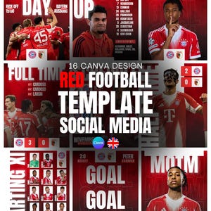 Può includere: Una collezione di modelli di social media a tema calcio di colore rosso. I design includono grafiche per il giorno della partita, annunci di formazione, punteggi a tempo pieno e momenti salienti dei giocatori. Il testo include "GAME DAY", "LINE UP", "GOAL" e "FULL TIME".