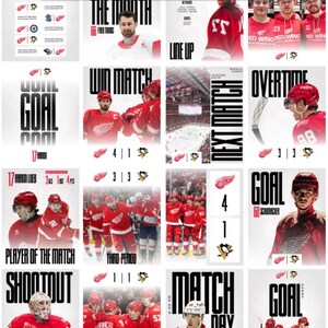 May include: A collage of graphics related to a hockey team, featuring game schedules, player highlights, and match results. The dominant colors are red and black, with text such as "November," "Goal," and "Match Day."