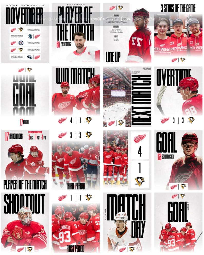 May include: A collage of graphics related to a hockey team, featuring game schedules, player highlights, and match results. The dominant colors are red and black, with text such as "November," "Goal," and "Match Day."