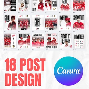 May include: A collection of 18 hockey-themed Instagram post designs. Each design features a different game moment, including goals, player highlights, and game statistics. The designs use a red, white, and black color scheme, with the Canva logo in the bottom right.