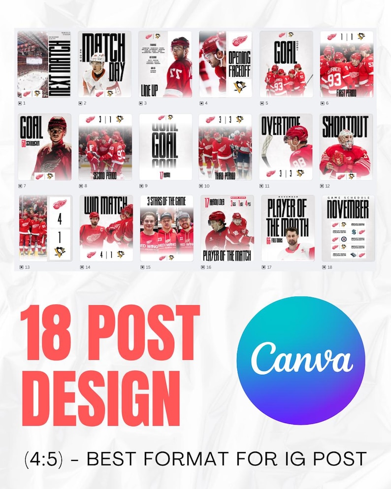 May include: A collection of 18 hockey-themed Instagram post designs. Each design features a different game moment, including goals, player highlights, and game statistics. The designs use a red, white, and black color scheme, with the Canva logo in the bottom right.