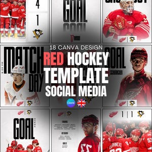 May include: A social media template for hockey, featuring a red and white color scheme. The design includes player images, score updates, and game-related text. The template is designed for Canva.