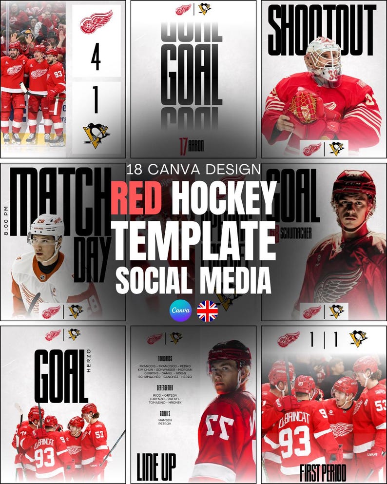 May include: A social media template for hockey, featuring a red and white color scheme. The design includes player images, score updates, and game-related text. The template is designed for Canva.