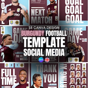 Könnte beinhalten: Eine bordeauxrote und türkisfarbene Social-Media-Vorlage für ein Fußballspiel. Das Design umfasst Fotos von Spielern, Spielergebnisse und den Text "Nächstes Spiel", "Spielende" und "Danke". Entworfen für Canva.