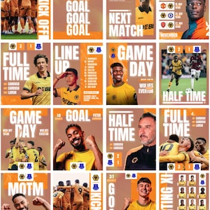 May include: A collection of promotional graphics for a soccer team, featuring players in yellow and orange uniforms. The graphics include game scores, player portraits, and the words "GOAL," "FULL TIME," and "GAME DAY."