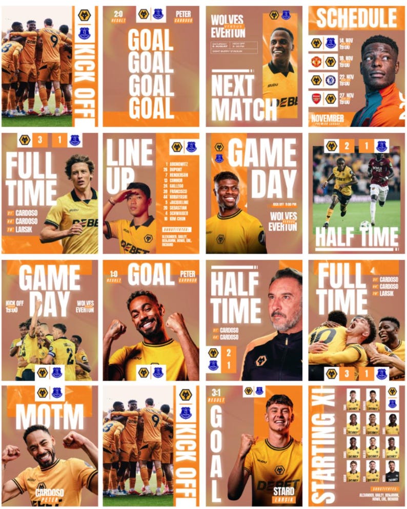 May include: A collection of promotional graphics for a soccer team, featuring players in yellow and orange uniforms. The graphics include game scores, player portraits, and the words "GOAL," "FULL TIME," and "GAME DAY."