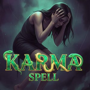 May include: An illustration of a woman in a black dress, with her hands on her head, looking down. The words "KARMA SPELL" are in green and gold, with a snake wrapped around the letters. The background is a dark, moody teal.
