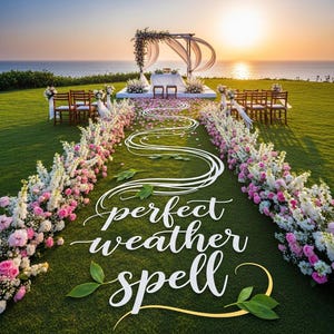 Puede incluir: Montaje de ceremonia de boda en un césped verde con vistas al océano al atardecer. El pasillo está bordeado de flores rosas y blancas, que conducen a un arco floral. El texto "perfect weather spell" está escrito en la hierba.