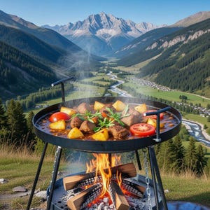 May include: A large, round, black outdoor cooking pan filled with stewed meat, potatoes, and tomatoes, set over a wood fire. The pan is supported by a black metal stand. The background features a scenic mountain valley.