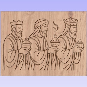 May include: A wooden carving depicts three robed figures, each holding a vessel. The figures have crowns or head coverings and beards. The central figure holds a censer with rising smoke. The carving is on a light brown wooden surface.