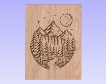 Escena de bosque nocturno – Archivo digital listo para CNC / Luna, árboles y montañas SVG DXF / Diseño para grabado láser y tallado en V para arte mural en madera