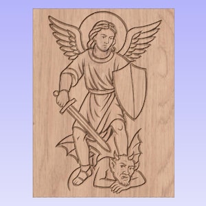 May include: Wooden carving of an angel with wings, a halo, and a sword, standing over a demon. The angel holds a shield. The artwork is carved into a rectangular wooden panel.
