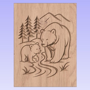 May include: Wooden carving of a bear and cub in a natural setting. The artwork features a large bear and a smaller cub walking along a winding path, with trees and mountains in the background. The carving is made of light brown wood.
