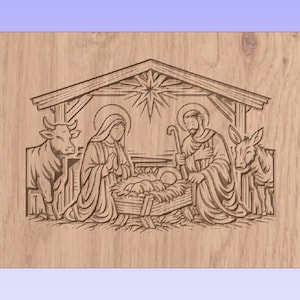 May include: Wooden carving depicting the Nativity scene. The artwork features Mary, Joseph, baby Jesus in a manger, a star, an ox, and a donkey. The figures are carved in a detailed, illustrative style.
