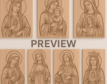 Paquete CNC de la Virgen María: 7 diseños tallados en V: iconos religiosos xilográficos