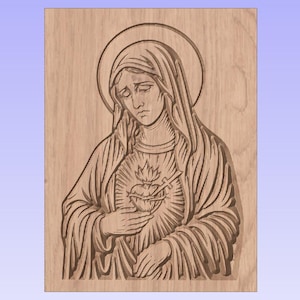 May include: A carved wooden panel depicting a religious figure with a halo. The figure is wearing a draped garment and holding a heart with flames and a cross. The artwork is detailed with carved lines and shading.