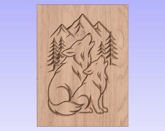 Archivo CNC de dúo de lobos aullando – Tallado en madera de vida silvestre, diseño de grabado a la luz de la luna (SVG, DXF)