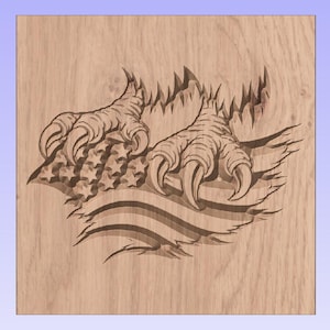 May include: A wooden carving featuring eagle talons tearing through an American flag design. The claws are detailed with sharp talons, and the flag shows stars and stripes. The wood has a natural grain.
