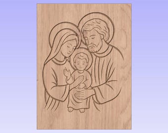 Sagrada Familia – Diseño CNC religioso / Dibujo lineal de Jesús, María y José / Archivo para grabado láser en madera / SVG y DXF para V-Carve