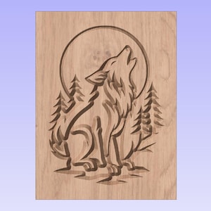 May include: A wooden carving of a howling wolf, silhouetted against a full moon. The wolf is surrounded by stylized pine trees. The artwork is carved into a rectangular wooden panel.