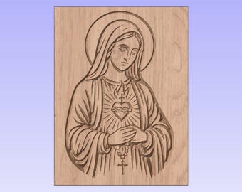 Inmaculado Corazón de María – Diseño CNC V-Carve – Icono religioso grabado en madera