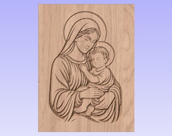 Virgen con el Niño – Archivo CNC para grabado en V de la Virgen María – Diseño religioso de grabado en madera