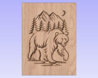 Oso en las montañas: archivo digital listo para CNC / SVG y DXF de vida silvestre / Diseño para grabado láser y tallado en V para arte en madera y decoración de cabañas