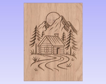 Archivo CNC de escena de cabaña de montaña – Diseño de tallado en madera de paisaje invernal, grabado láser (SVG, DXF)