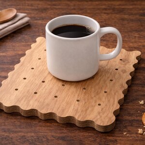 May include: A white ceramic mug filled with dark coffee sits on a wooden coaster shaped like a cracker. The coaster has a scalloped edge and small holes. A wooden spoon and a folded cloth are in the background, along with a cracker.