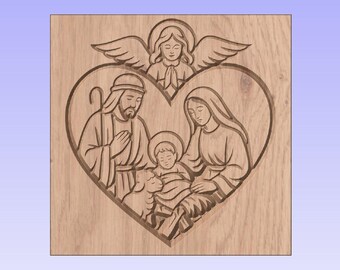 Sagrada Familia y Ángel – Corazón navideño (archivo CNC, SVG, DXF)