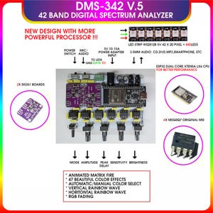 May include: A digital spectrum analyzer, DMS-342 V.5, with a 42-band display. The image shows the device's components, including LED strips, boards, and a processor. Text highlights features like animated matrix fire and color effects.