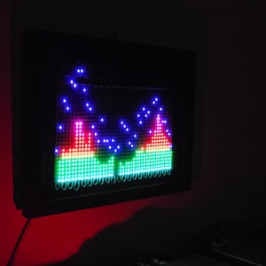 Può includere: Un display a LED con cornice nera che mostra una grafica colorata di una catena montuosa. Il display presenta una sfumatura di colori, tra cui verde, rosso e blu. Il display è montato su una parete rossa.