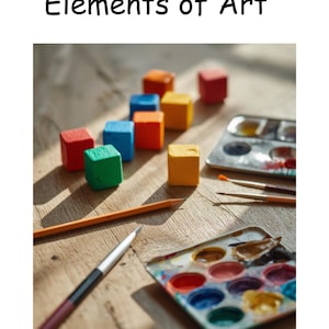 Peut inclure: Nature morte avec des blocs de bois colorés, des pinceaux et une palette d'aquarelle sur une surface en bois. Les blocs sont rouges, verts, bleus, oranges et jaunes. Le texte "Elements of Art" est en haut.